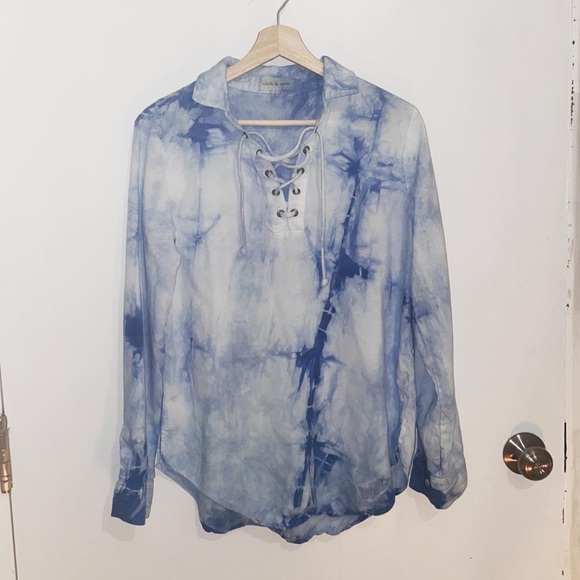 Anthropologie Cloth & Stone Natural Indigo shabori tie dye Lace-Up Henley Blouse - Picture 2 of 16